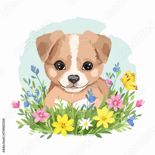 Welpe auf der Blumenwiese