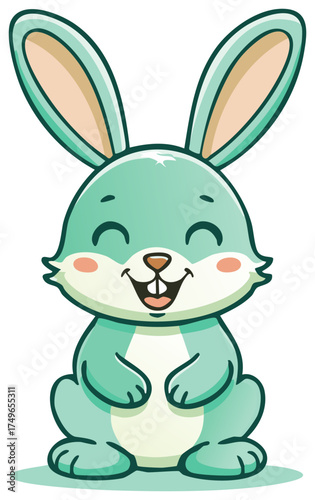 Cute cartoon blue green rabbit character happily sitting smiling illustration