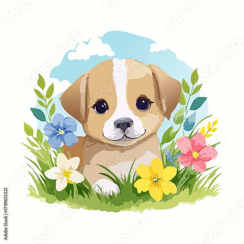 Welpe auf der Blumenwiese