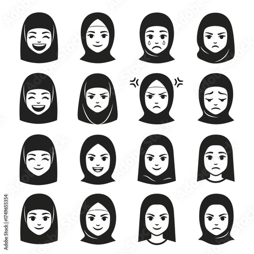 Monochrome set of Muslim woman in hijab facial expressions.