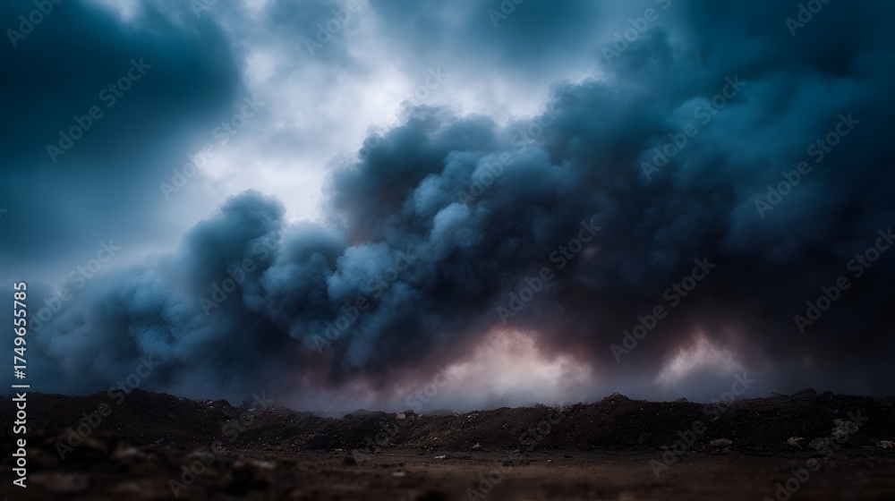 Fototapeta premium Dramatic dark smoke billows against a turbulent moody sky over rough barren ground