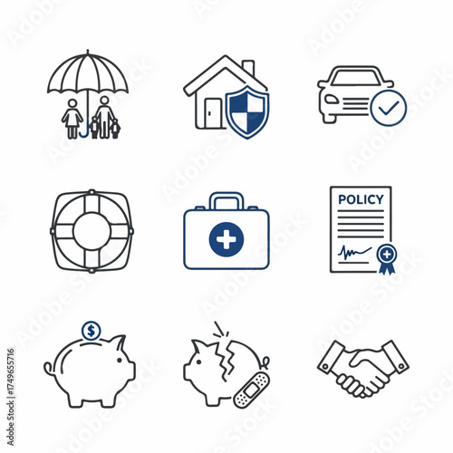 Comprehensive Insurance and Financial Protection Icons: Family, Home, Car, Health, and Savings Services