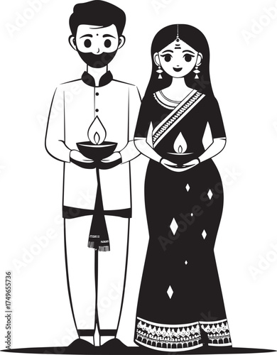 A couple dressed in traditional Indian attire, holding lit Diwali lamps, standing in front of a white background.