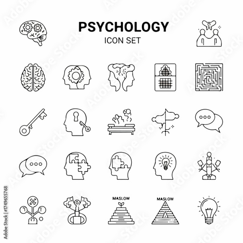 Psychology Icon Set: Mind, Brain, Therapy, and Mental Health Concepts in Line Art
