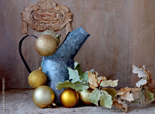 Christmas decoration on table with dry oak tree branch