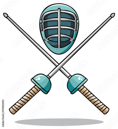 Fencing gear crossed sabers and protective mask cartoon illustration