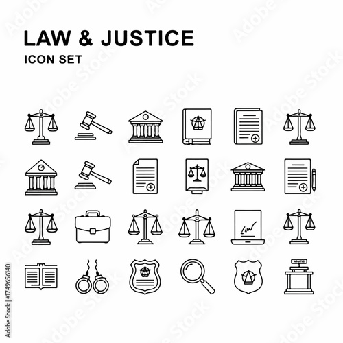 Law and Justice Icon Set with Scales, Gavel, Courthouse, and Legal Documents