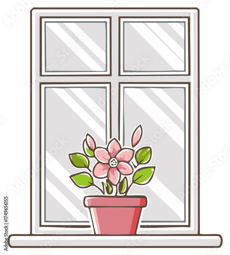 Pink flower in pot on white window sill, stylized cartoon home interior decor element
