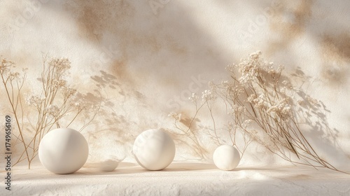 Minimalist beige spheres and dried flowers, sunlit backdrop, product display