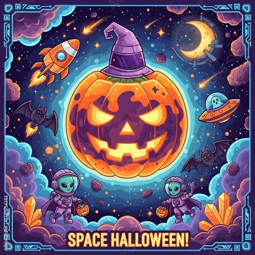 Colorful cartoon illustration featuring a giant glowing Halloween pumpkin with a witch hat floating in outer space. Surrounding elements include cute aliens in astronaut suits, bats, rockets, UFOs