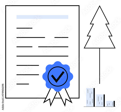 Document with approval badge, tree symbol, and bar graph representing environmental certification, growth, and ecological awareness. Ideal for sustainability, certification, environment, growth