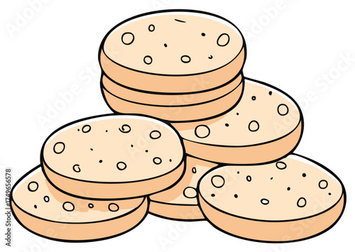 Stacked light brown cookies with small holes and black dots, simple illustration style