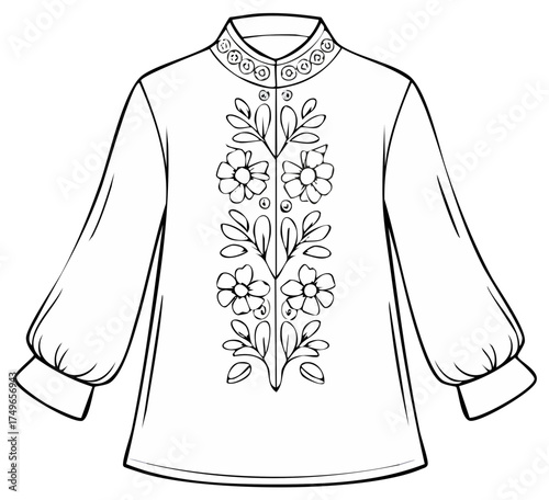 Elegant long-sleeved blouse with intricate folk-inspired floral embroidery and band collar