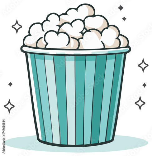 A teal striped bucket filled with fluffy white popcorn and surrounded by sparkling stars