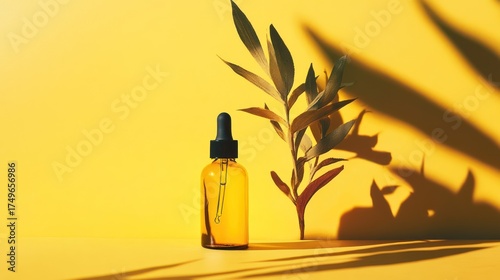 Amber bottle, skincare serum, yellow background, plant shadow, beauty product