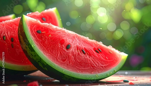 Fresh Watermelon Slices on Wooden Surface.