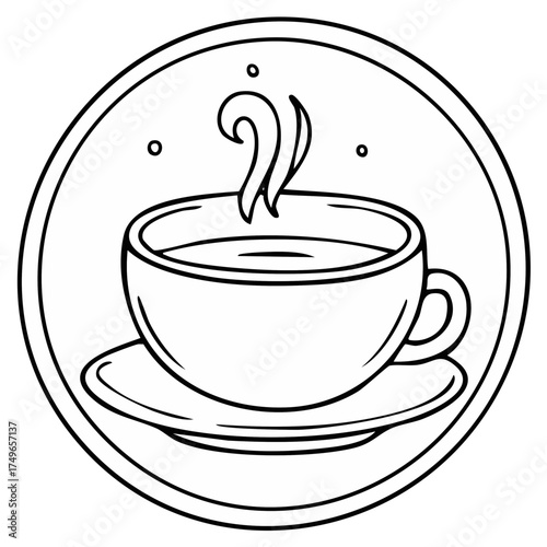 Hand-drawn illustration of a steaming cup of coffee, hot beverage, or tea on a saucer in a circular emblem. Outline style, vector art.