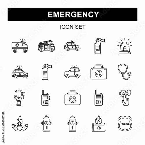 Comprehensive Emergency Services Icon Set: Featuring Ambulance, Fire, Police, Medical, and Public Safety Symbols for Urgent Situations.