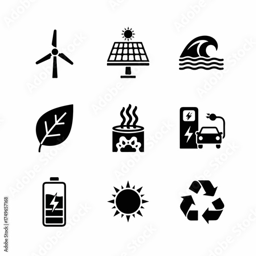 Comprehensive set of black flat icons representing various renewable energy sources, sustainable technologies, and environmental protection concepts for a greener future.