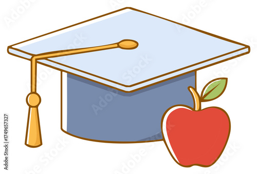Cartoon illustration of a blue graduation cap with a tassel and a vibrant red apple for education