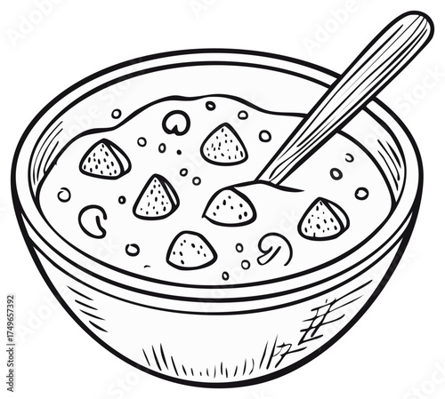 Hand drawn bowl of creamy mushroom soup with croutons line art illustration