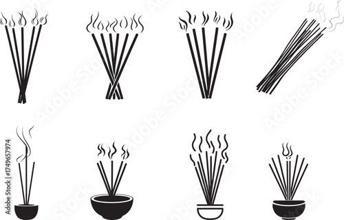 illustrations depicting various incense sticks in different positions and orientations.