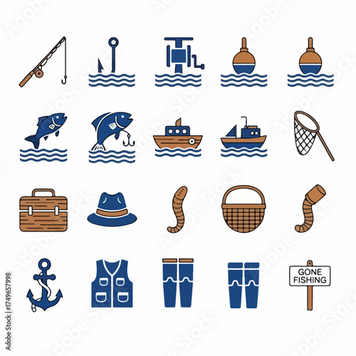 A comprehensive collection of flat design fishing icons, featuring essential gear, aquatic life, and recreational elements for angling enthusiasts.