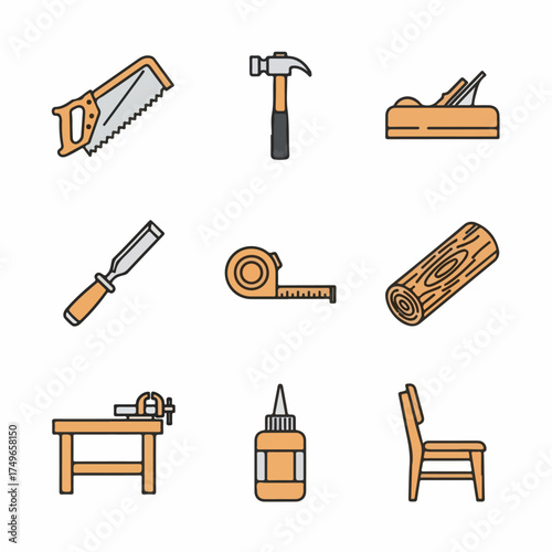 Set of Woodworking Tools and Carpentry Supplies Icons: Saw, Hammer, Plane, Chisel, Measuring Tape, Wood Log, Workbench, Glue, and Chair.