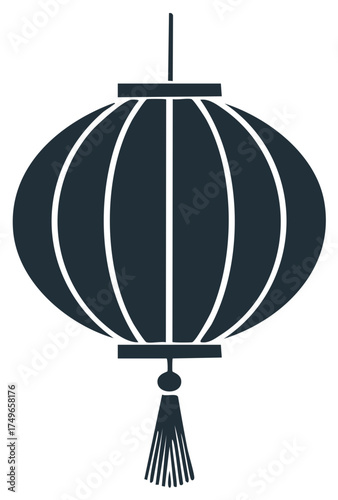 Stylized silhouette of a festive Asian lantern with tassel decoration, suspended with a hanging stick element in minimal vector illustration