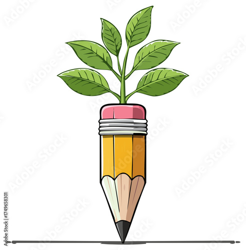 Green Growing Plant Sprouts from Yellow Pencil Tip, Symbolizing Creativity and Education