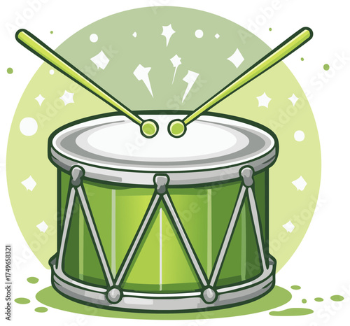 Cartoon illustration of a green drum with drumsticks