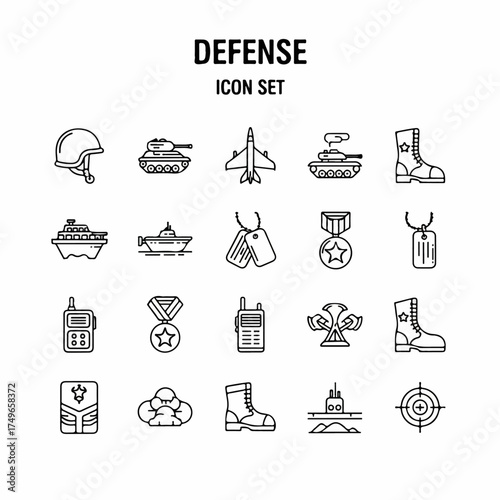 Defense and Military Line Art Icons: Comprehensive Set of Army, Navy, Air Force, and Security Symbols