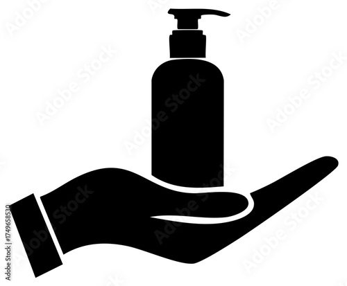 Simple icon of a hand holding a soap or sanitizer pump dispenser bottle for hygiene