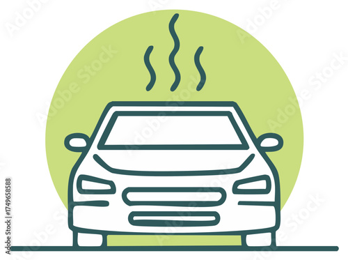 Automobile with smoke or steam rising from engine, representing vehicle breakdown or overheating