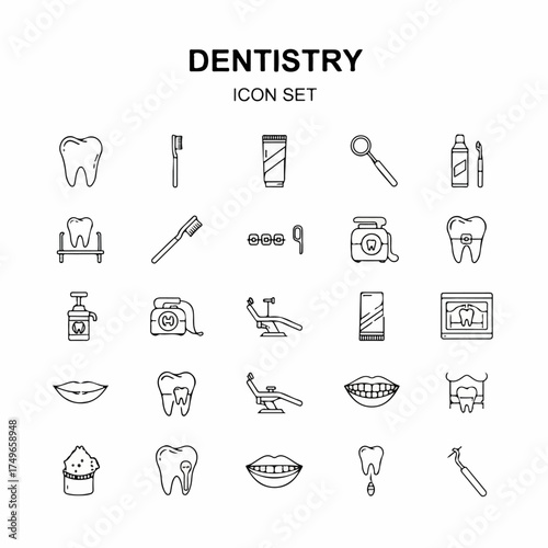 Comprehensive Dentistry Line Art Icon Set featuring Oral Care, Hygiene, Tools, and Procedures for Medical and Health-related Designs.