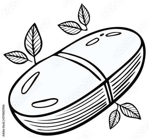 Stylized line art of an oblong pill with leaves emerging from its sides suggesting natural remedies