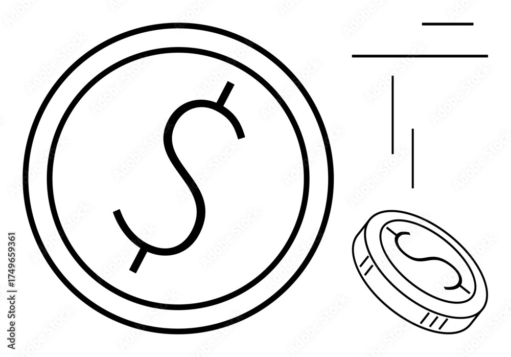 Obraz premium Large circular coin with a dollar sign, a smaller tilted coin, and three simple lines. Ideal for finance, savings, investments, transactions, commerce economics and banking. Simple flat metaphor