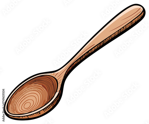 Hand-drawn wooden spoon with detailed wood grain texture and black outline