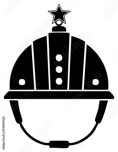 Jockey's helmet silhouette with star on top, equestrian sport concept, black and white design