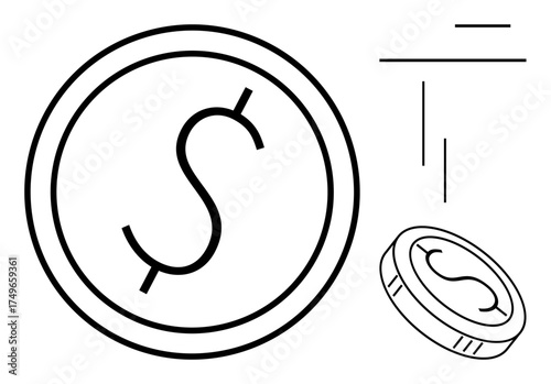 Large circular coin with a dollar sign, a smaller tilted coin, and three simple lines. Ideal for finance, savings, investments, transactions, commerce economics and banking. Simple flat metaphor
