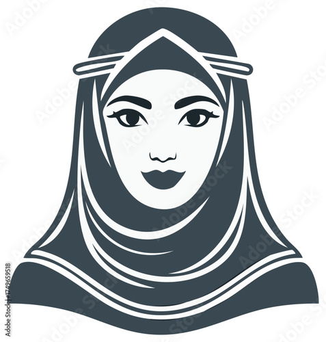 Vector Illustration of a Woman Wearing Hijab head covering in a minimalist Style depicting culture and tradition.