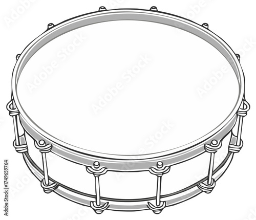 Classic snare drum musical instrument line art illustration. Vector graphic of a percussion object for a band.