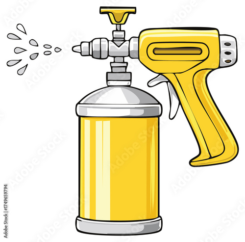 Yellow spray gun with water drops in an illustration