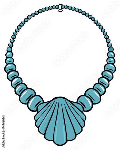 Blue beaded necklace with a large shell pendant evokes nautical and summer themes