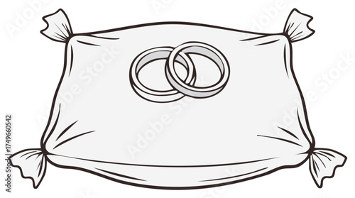 Elegant intertwined wedding rings resting on a soft, decorative ceremonial pillow illustration.