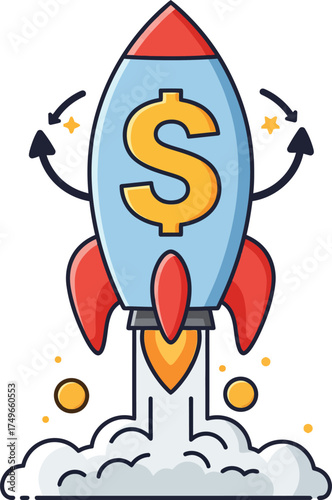 Dynamic rocket with dollar sign launching, representing rapid financial growth, successful investments, and innovative startup ventures. A vibrant illustration of economic acceleration