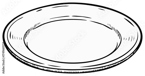 Hand drawn sketch illustration of a simple empty round dining plate. Black and white line art vector.