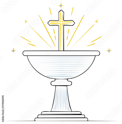 Christian Cross Rising from Baptismal Font with Golden Rays and Stars
