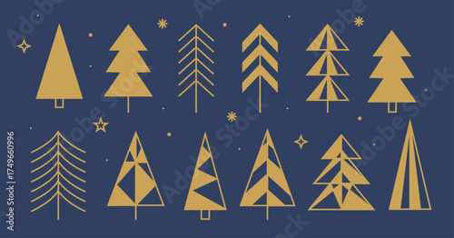 Set of abstract minimalist Christmas trees in flat and line style. Golden geometric minimalist elements and icons. Outline geometric Xmas symbols.