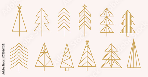 Luxury christmas tree art deco style. Outline golden elements. Geometric x-mas tree. Design for season holidays